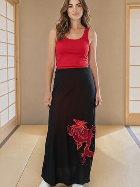 VTG Vivienne Tam Archival Black Mesh Dragon Embroidered Midi Skirt 90s Size M